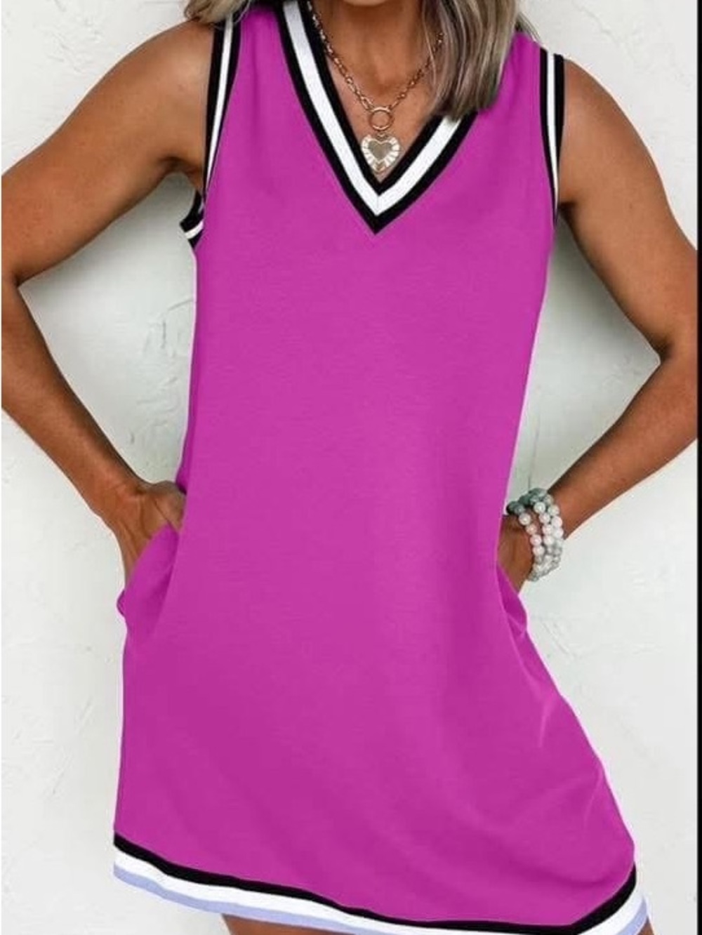 Sleeveless V-Neck Casual Tank Dress in Magenta with Trim